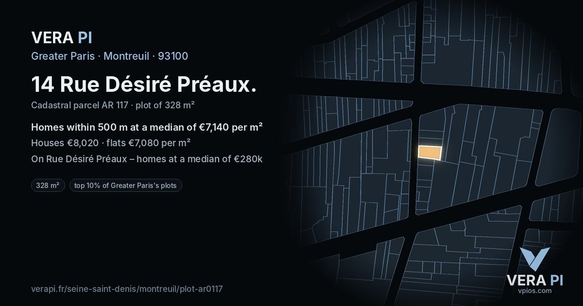 14 Rue Désiré Préaux, Montreuil at night – the plot lit, the parcels around coloured by the prices near them