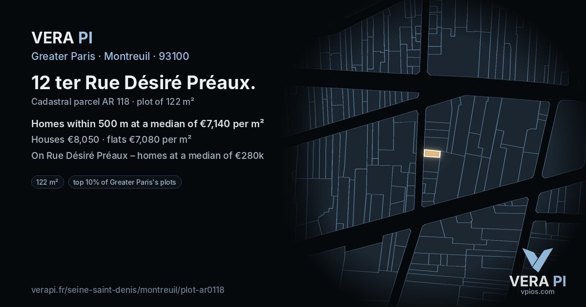 12 ter Rue Désiré Préaux, Montreuil at night – the plot lit, the parcels around coloured by the prices near them