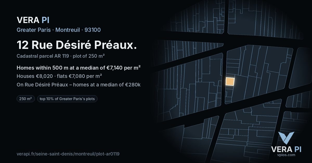 12 Rue Désiré Préaux, Montreuil at night – the plot lit, the parcels around coloured by the prices near them