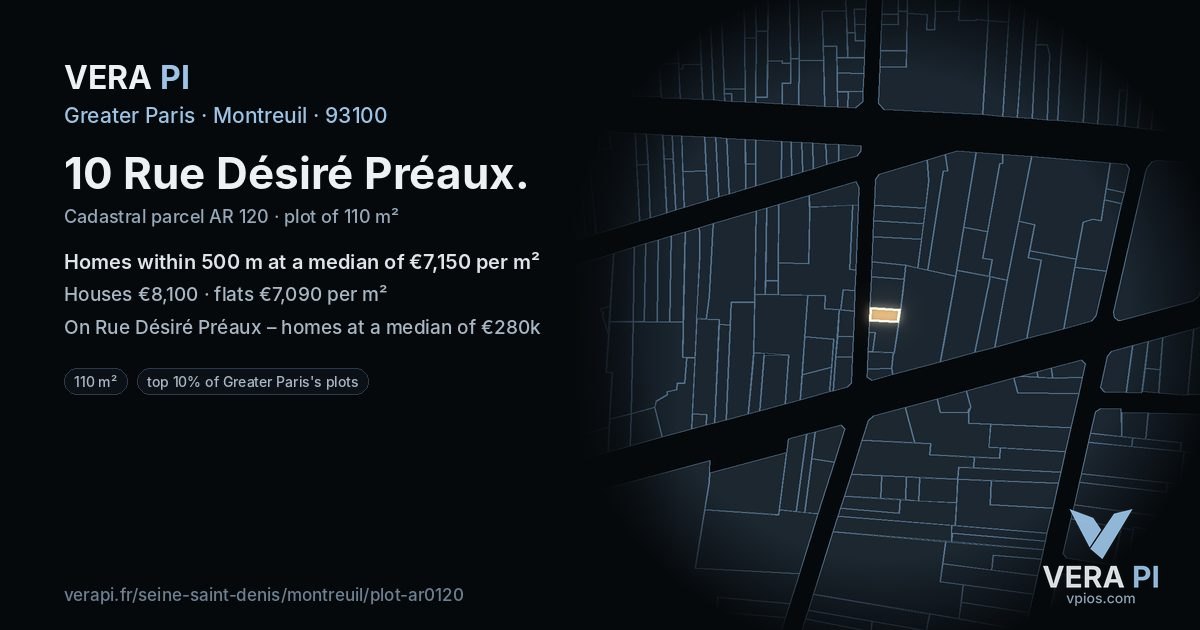 10 Rue Désiré Préaux, Montreuil at night – the plot lit, the parcels around coloured by the prices near them