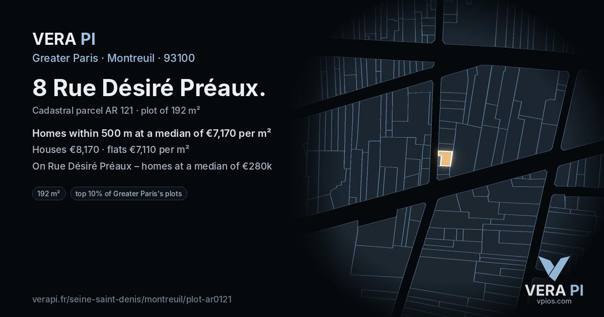 8 Rue Désiré Préaux, Montreuil at night – the plot lit, the parcels around coloured by the prices near them