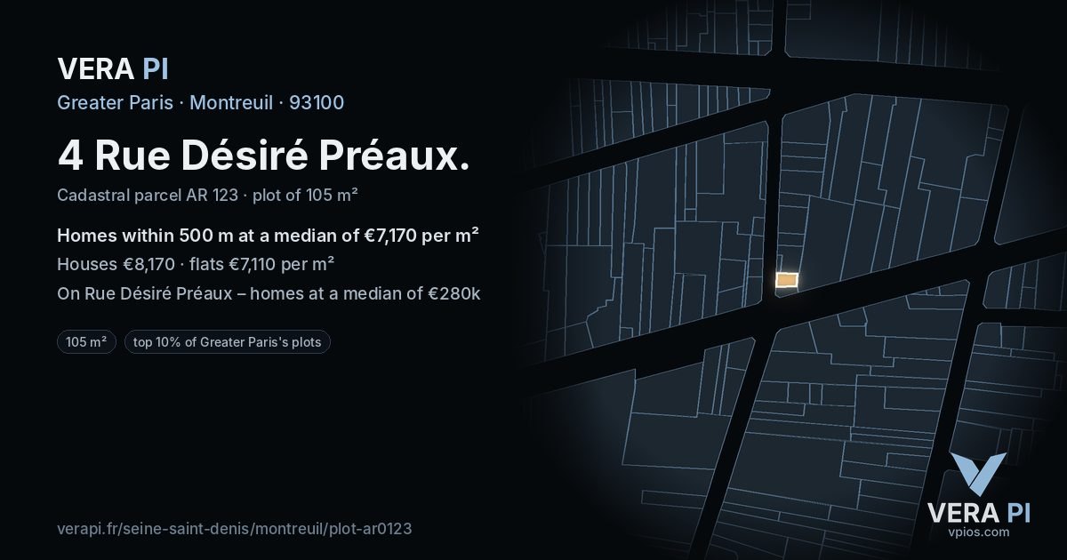 4 Rue Désiré Préaux, Montreuil at night – the plot lit, the parcels around coloured by the prices near them
