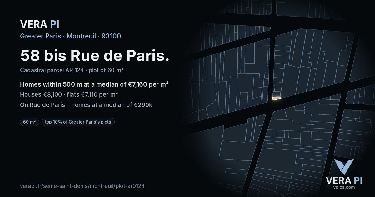 58 bis Rue de Paris, Montreuil at night – the plot lit, the parcels around coloured by the prices near them