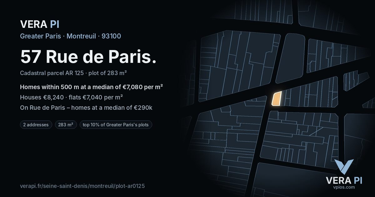 57 Rue de Paris, Montreuil at night – the plot lit, the parcels around coloured by the prices near them