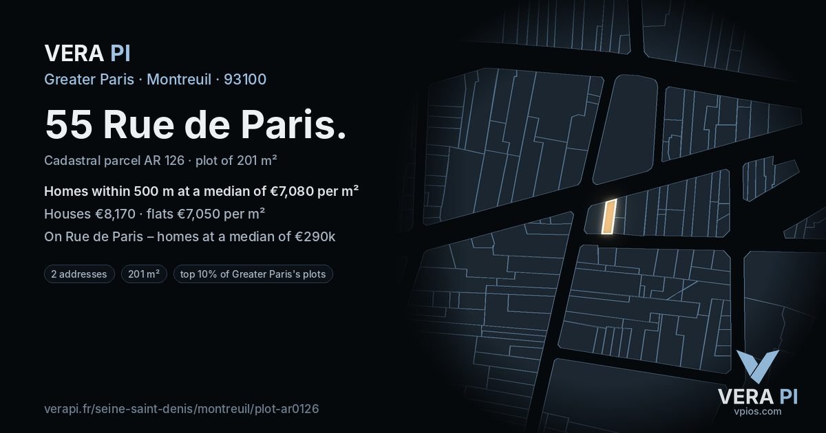 55 Rue de Paris, Montreuil at night – the plot lit, the parcels around coloured by the prices near them