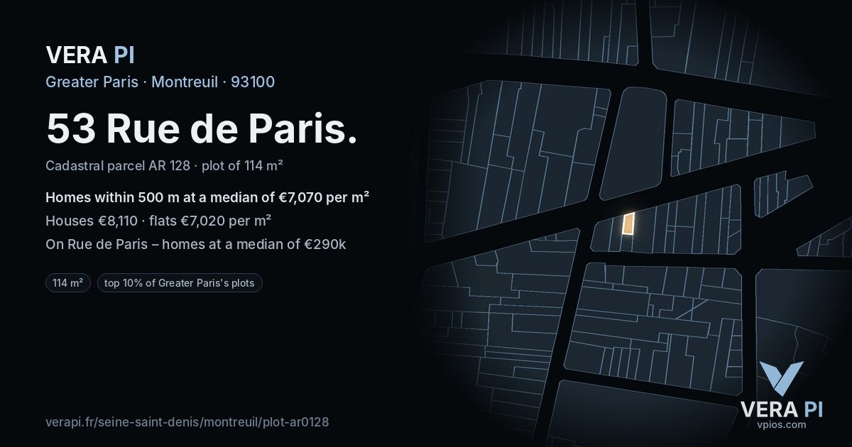 53 Rue de Paris, Montreuil at night – the plot lit, the parcels around coloured by the prices near them