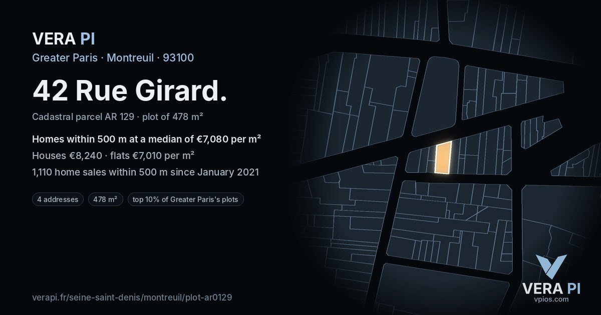 42 Rue Girard, Montreuil at night – the plot lit, the parcels around coloured by the prices near them