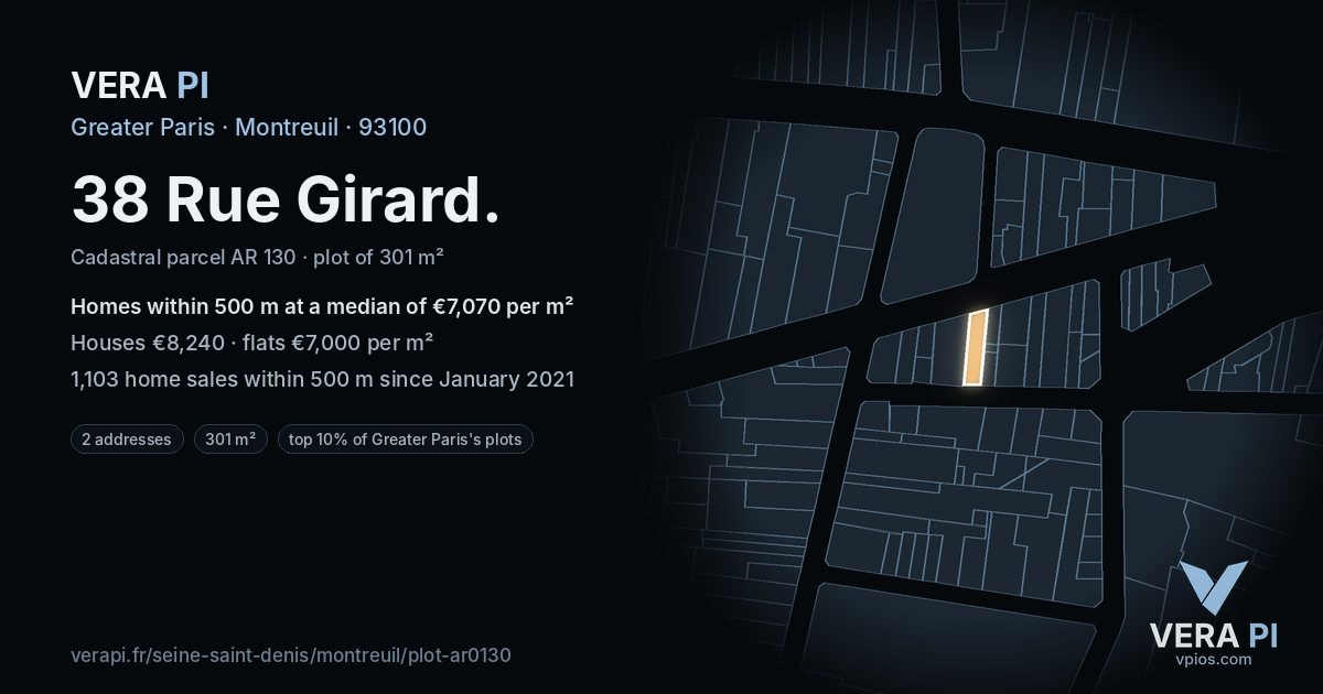 38 Rue Girard, Montreuil at night – the plot lit, the parcels around coloured by the prices near them