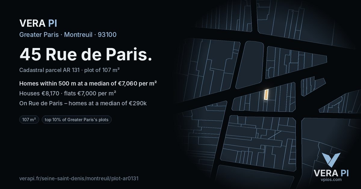 45 Rue de Paris, Montreuil at night – the plot lit, the parcels around coloured by the prices near them