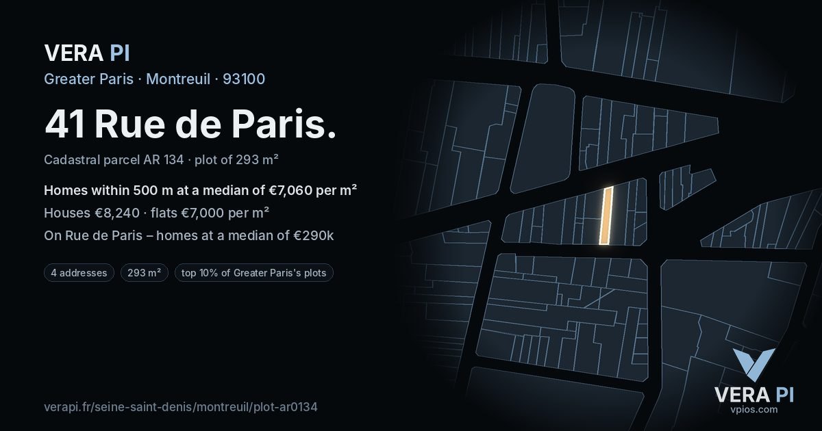 41 Rue de Paris, Montreuil at night – the plot lit, the parcels around coloured by the prices near them