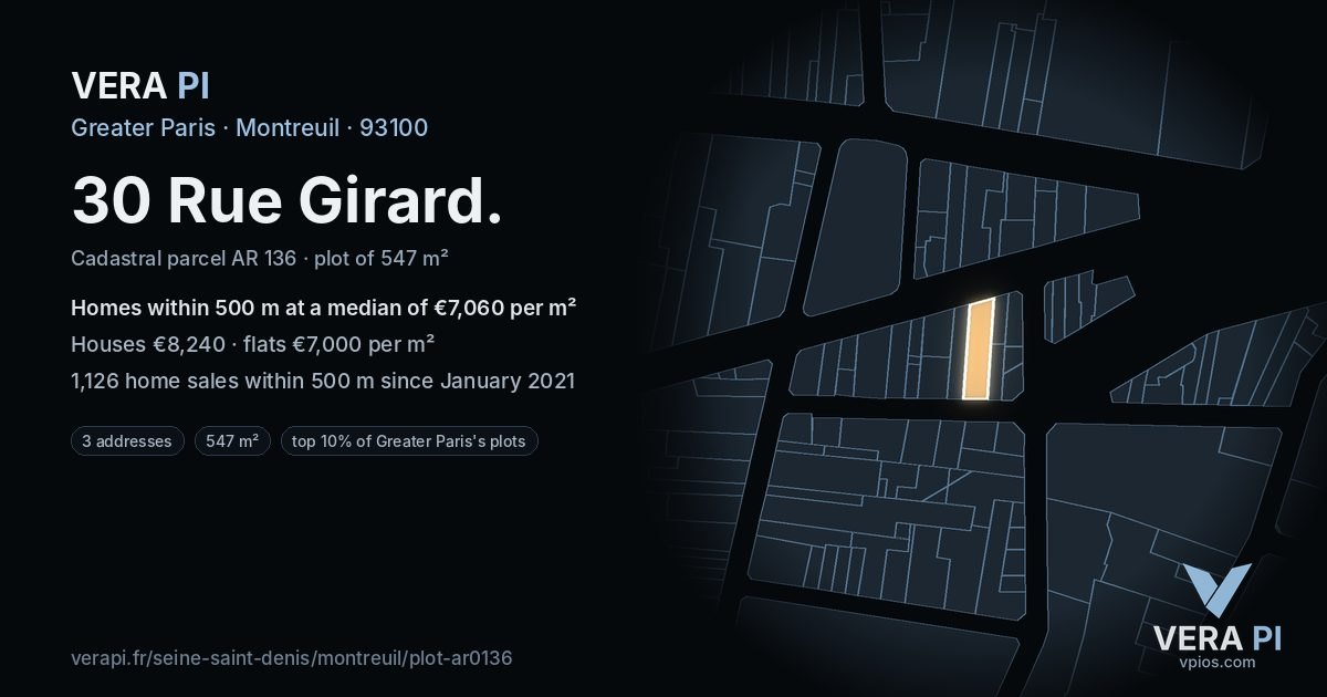 30 Rue Girard, Montreuil at night – the plot lit, the parcels around coloured by the prices near them