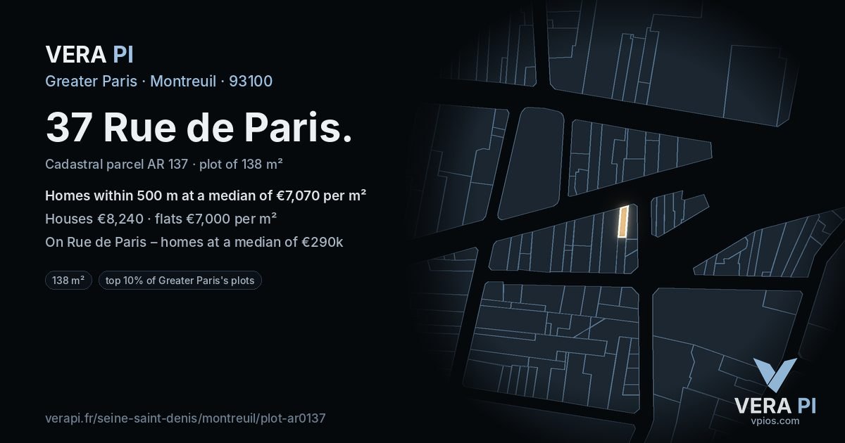 37 Rue de Paris, Montreuil at night – the plot lit, the parcels around coloured by the prices near them