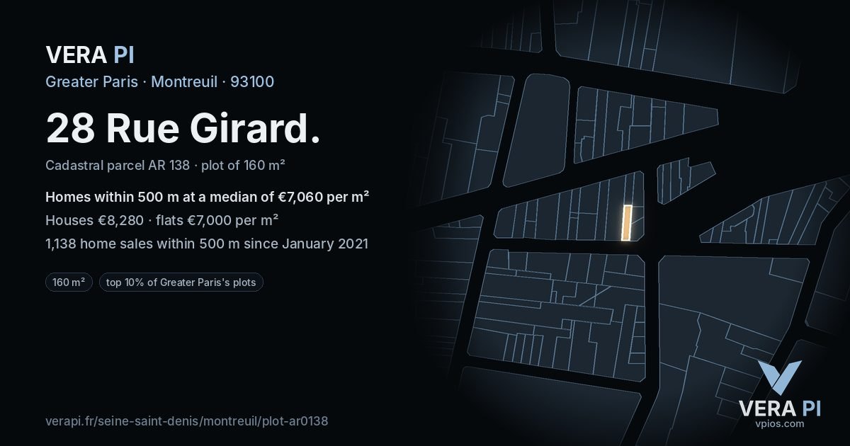 28 Rue Girard, Montreuil at night – the plot lit, the parcels around coloured by the prices near them