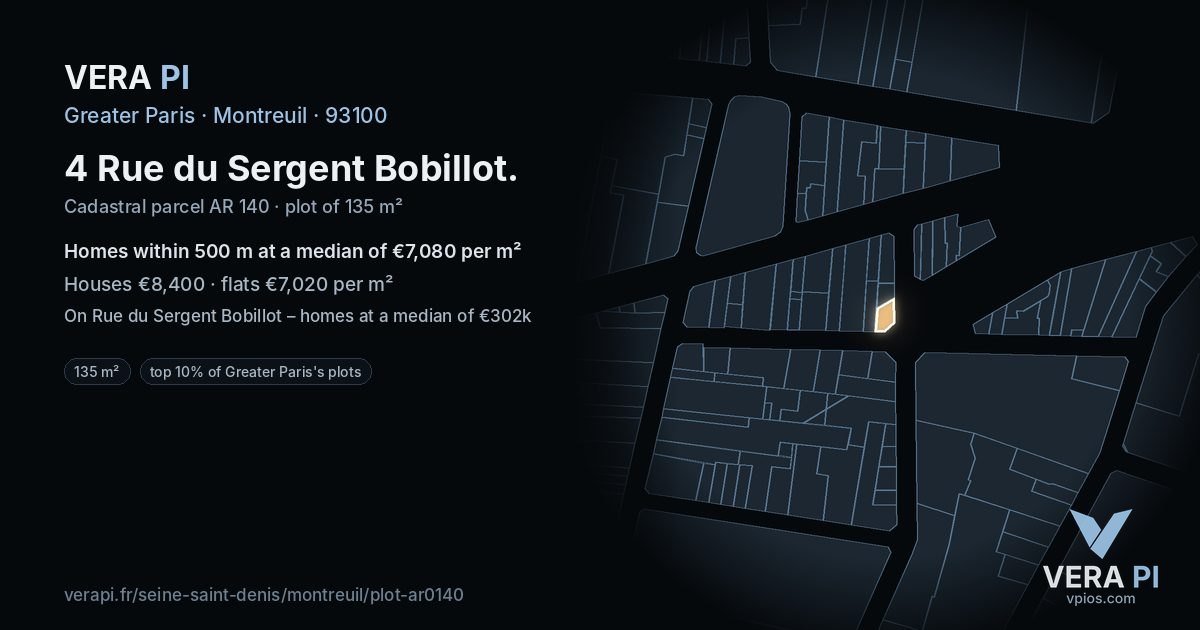4 Rue du Sergent Bobillot, Montreuil at night – the plot lit, the parcels around coloured by the prices near them