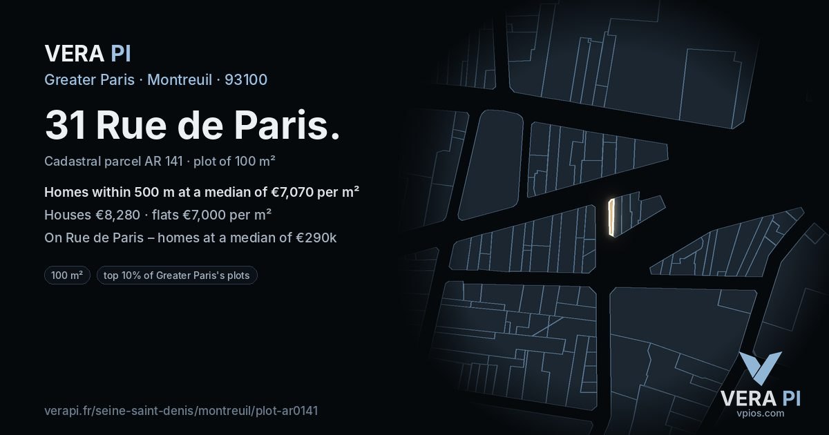 31 Rue de Paris, Montreuil at night – the plot lit, the parcels around coloured by the prices near them