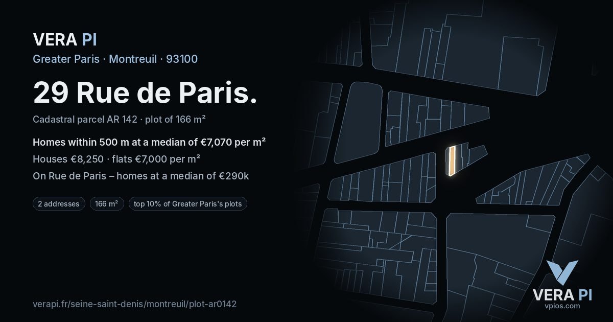 29 Rue de Paris, Montreuil at night – the plot lit, the parcels around coloured by the prices near them