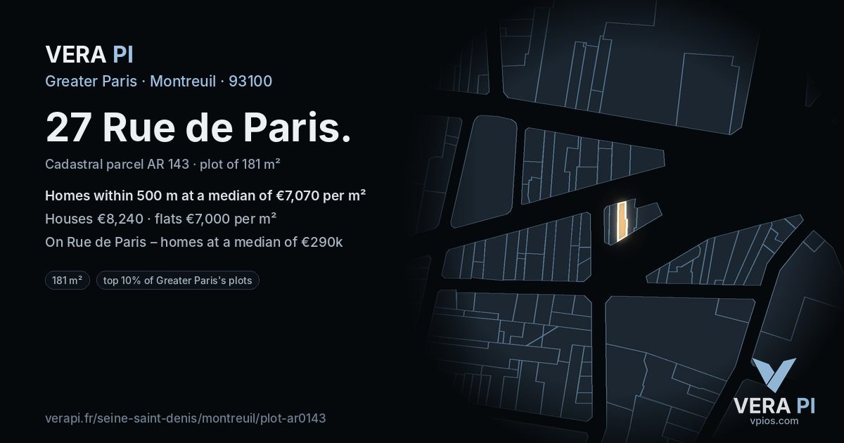 27 Rue de Paris, Montreuil at night – the plot lit, the parcels around coloured by the prices near them