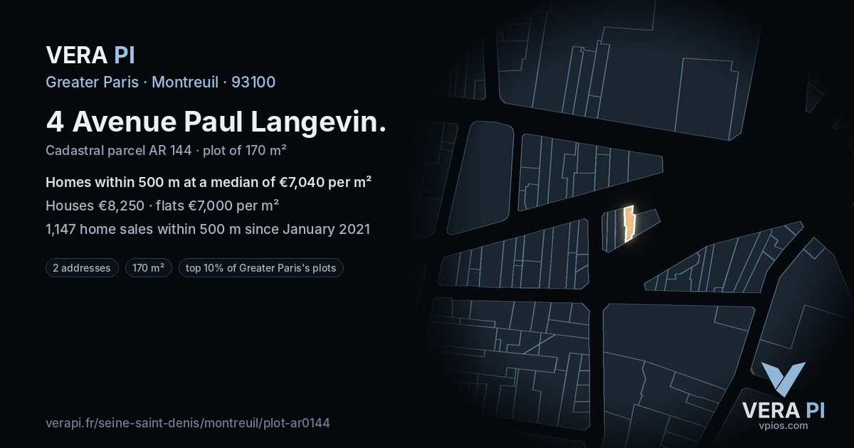 4 Avenue Paul Langevin, Montreuil at night – the plot lit, the parcels around coloured by the prices near them
