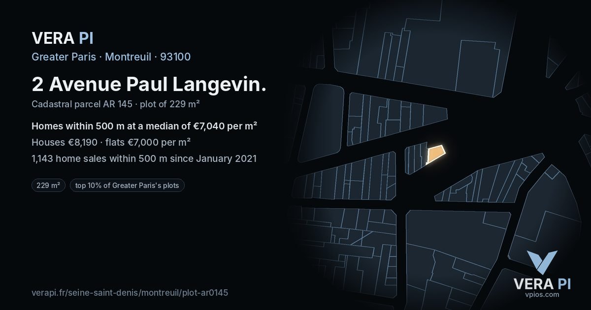 2 Avenue Paul Langevin, Montreuil at night – the plot lit, the parcels around coloured by the prices near them