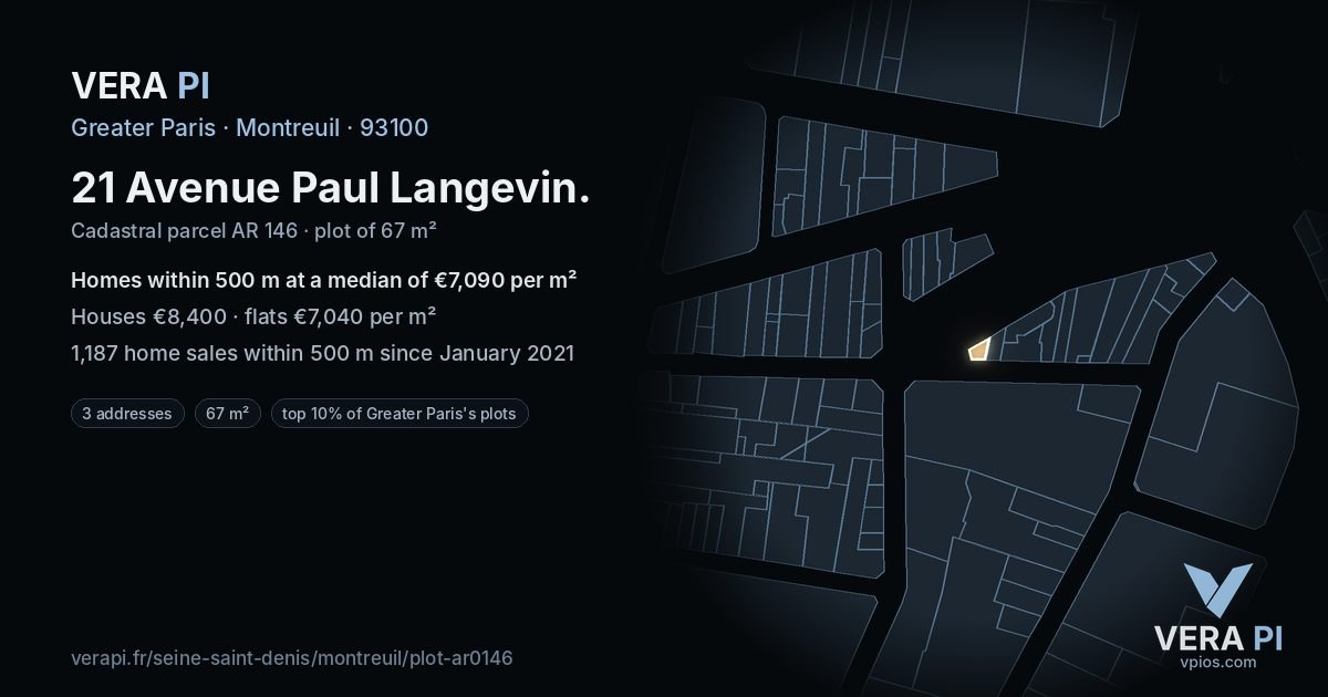 21 Avenue Paul Langevin, Montreuil at night – the plot lit, the parcels around coloured by the prices near them