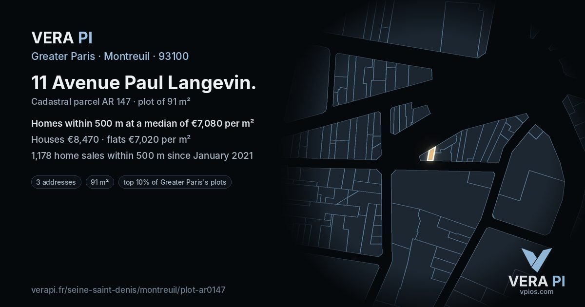 11 Avenue Paul Langevin, Montreuil at night – the plot lit, the parcels around coloured by the prices near them