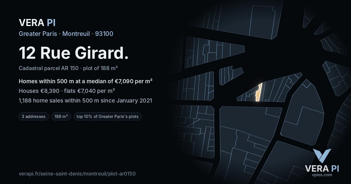 12 Rue Girard, Montreuil at night – the plot lit, the parcels around coloured by the prices near them