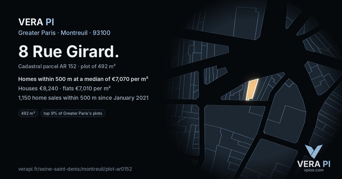 8 Rue Girard, Montreuil at night – the plot lit, the parcels around coloured by the prices near them