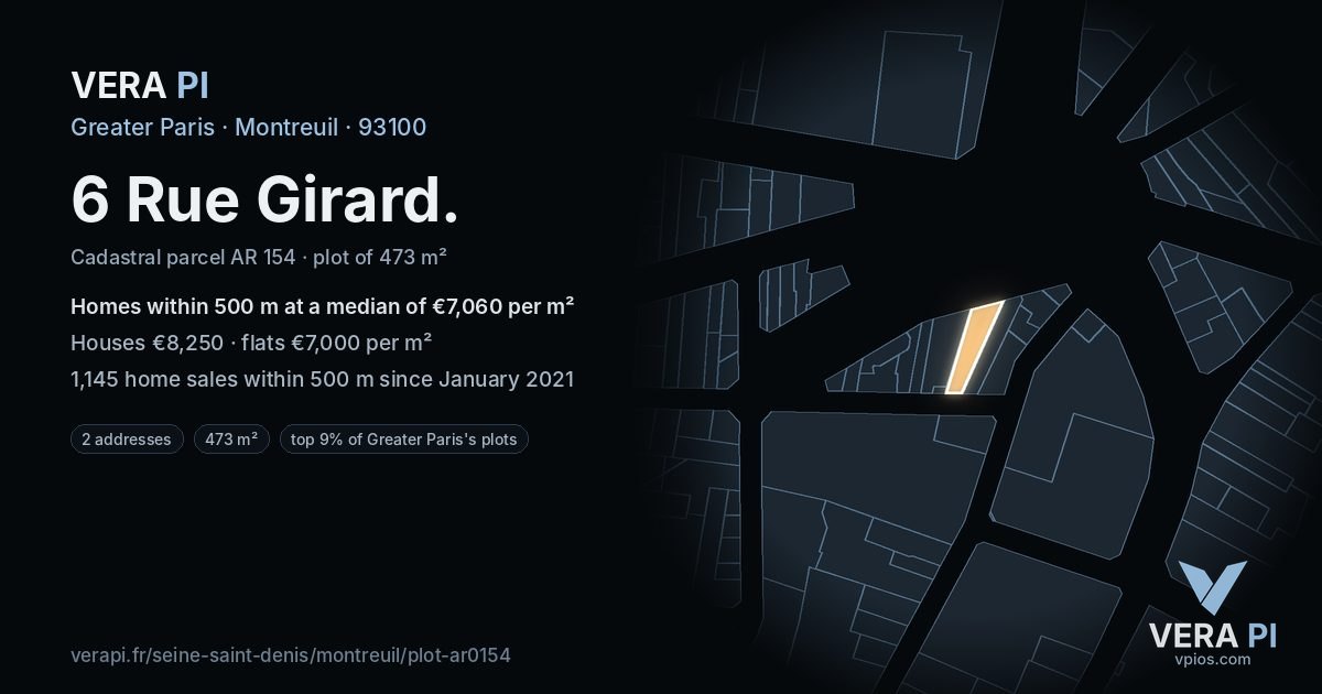 6 Rue Girard, Montreuil at night – the plot lit, the parcels around coloured by the prices near them