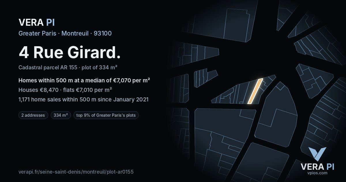 4 Rue Girard, Montreuil at night – the plot lit, the parcels around coloured by the prices near them