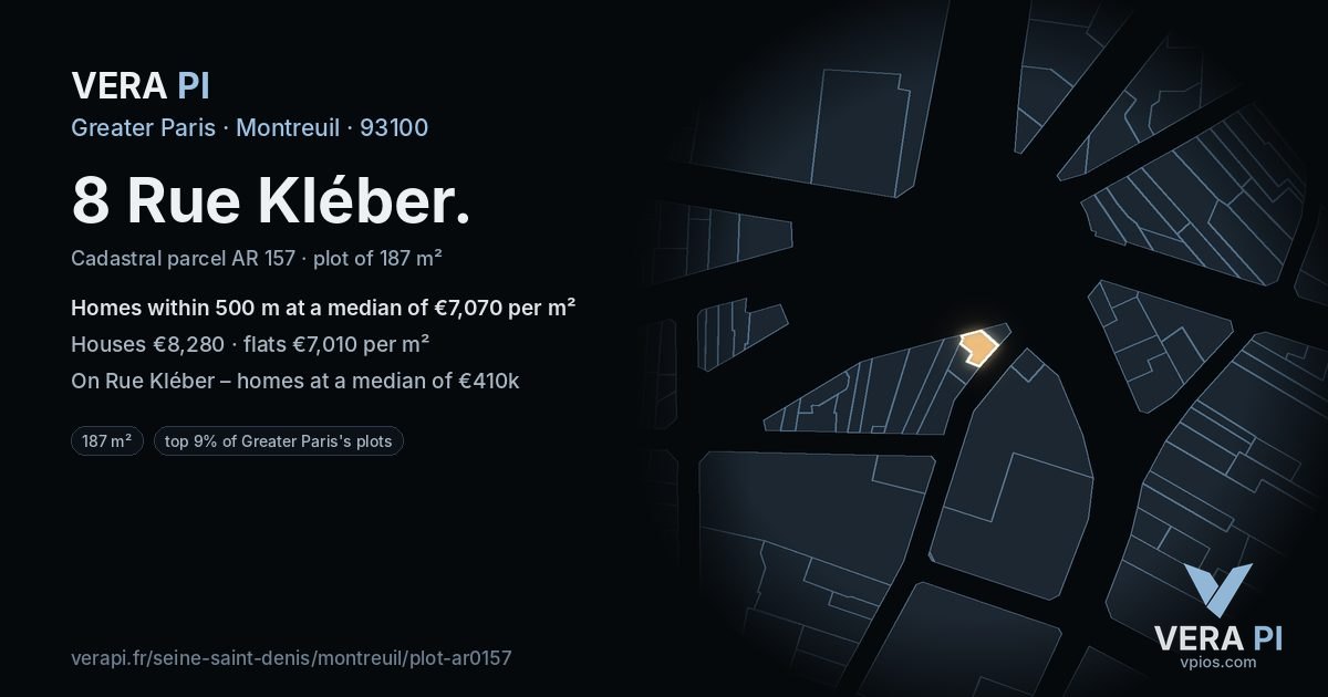 8 Rue Kléber, Montreuil at night – the plot lit, the parcels around coloured by the prices near them