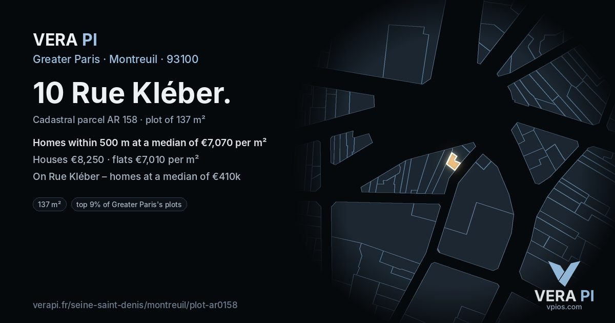 10 Rue Kléber, Montreuil at night – the plot lit, the parcels around coloured by the prices near them