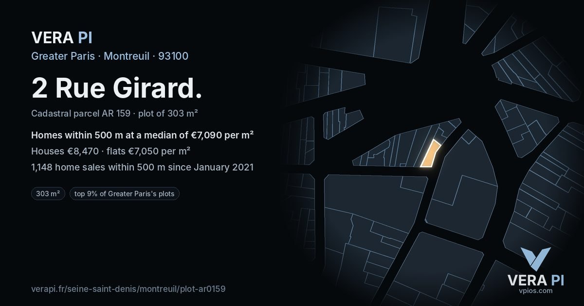 2 Rue Girard, Montreuil at night – the plot lit, the parcels around coloured by the prices near them