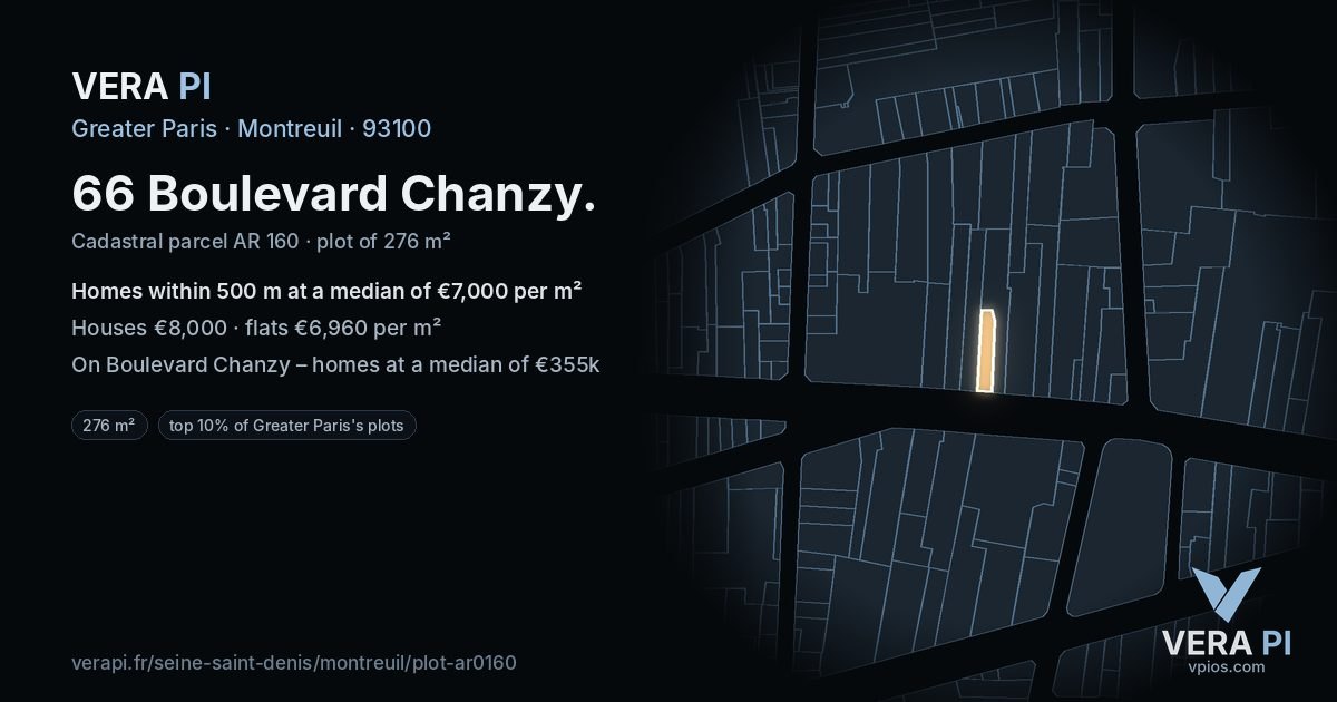 66 Boulevard Chanzy, Montreuil at night – the plot lit, the parcels around coloured by the prices near them