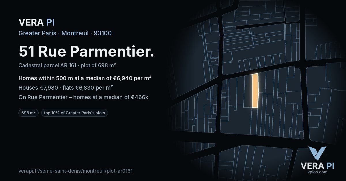 51 Rue Parmentier, Montreuil at night – the plot lit, the parcels around coloured by the prices near them
