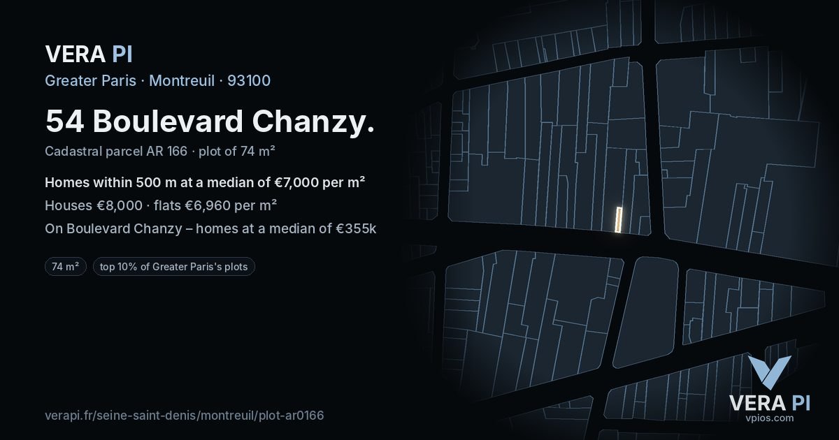 54 Boulevard Chanzy, Montreuil at night – the plot lit, the parcels around coloured by the prices near them