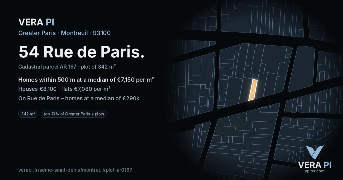 54 Rue de Paris, Montreuil at night – the plot lit, the parcels around coloured by the prices near them
