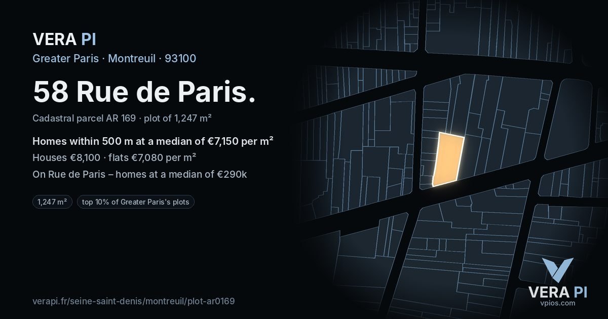58 Rue de Paris, Montreuil at night – the plot lit, the parcels around coloured by the prices near them