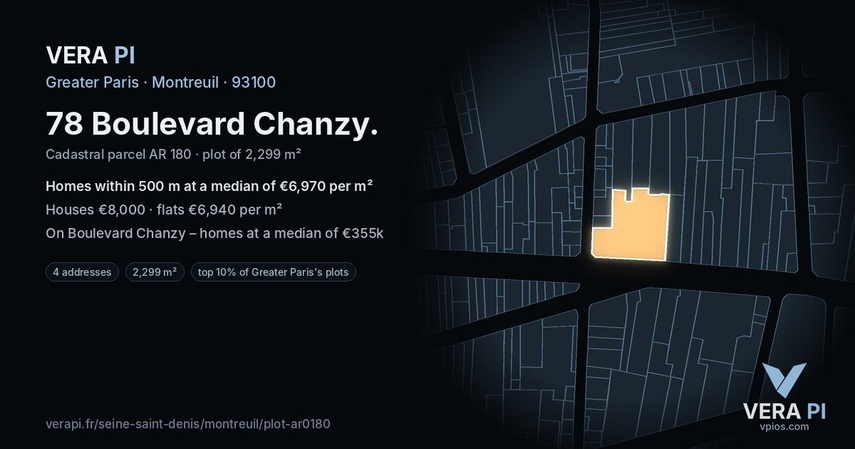 78 Boulevard Chanzy, Montreuil at night – the plot lit, the parcels around coloured by the prices near them