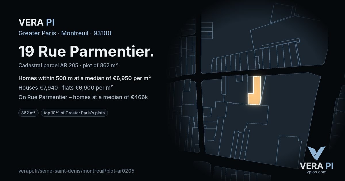 19 Rue Parmentier, Montreuil at night – the plot lit, the parcels around coloured by the prices near them