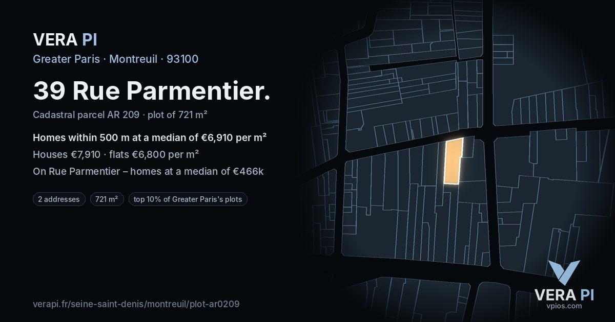 39 Rue Parmentier, Montreuil at night – the plot lit, the parcels around coloured by the prices near them