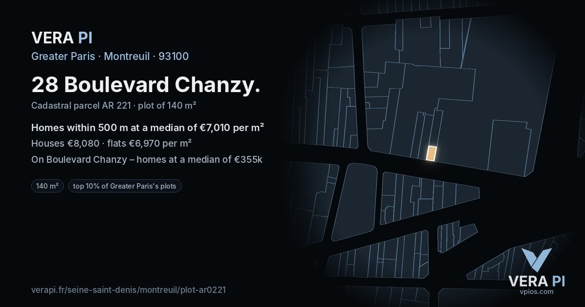 28 Boulevard Chanzy, Montreuil at night – the plot lit, the parcels around coloured by the prices near them