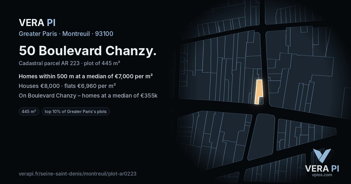 50 Boulevard Chanzy, Montreuil at night – the plot lit, the parcels around coloured by the prices near them
