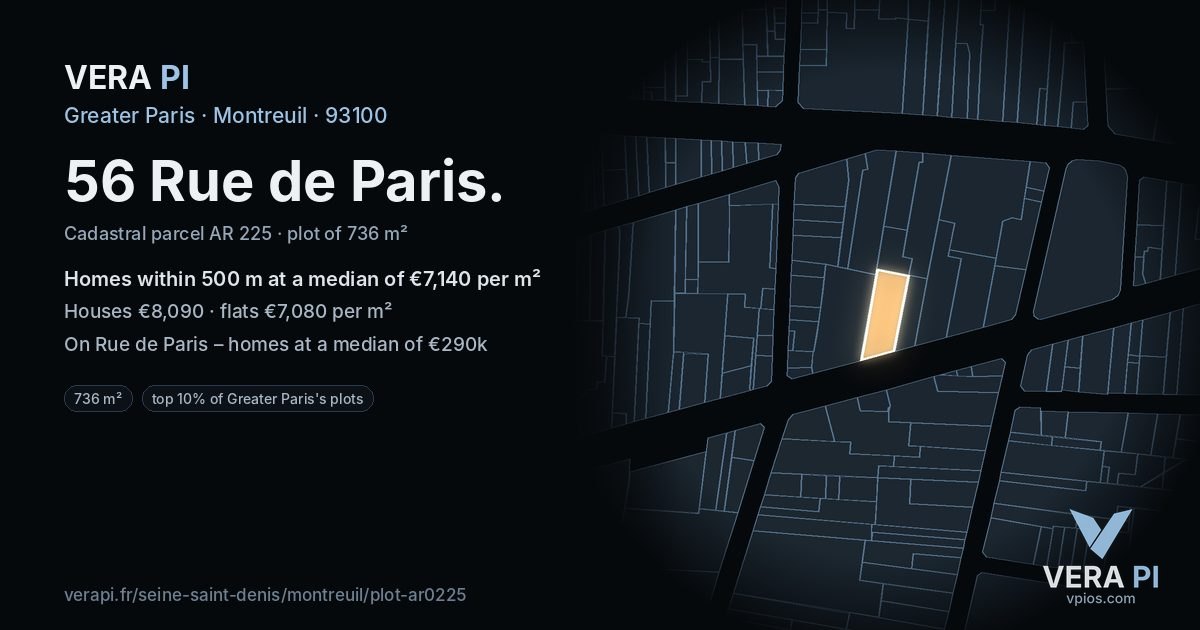 56 Rue de Paris, Montreuil at night – the plot lit, the parcels around coloured by the prices near them