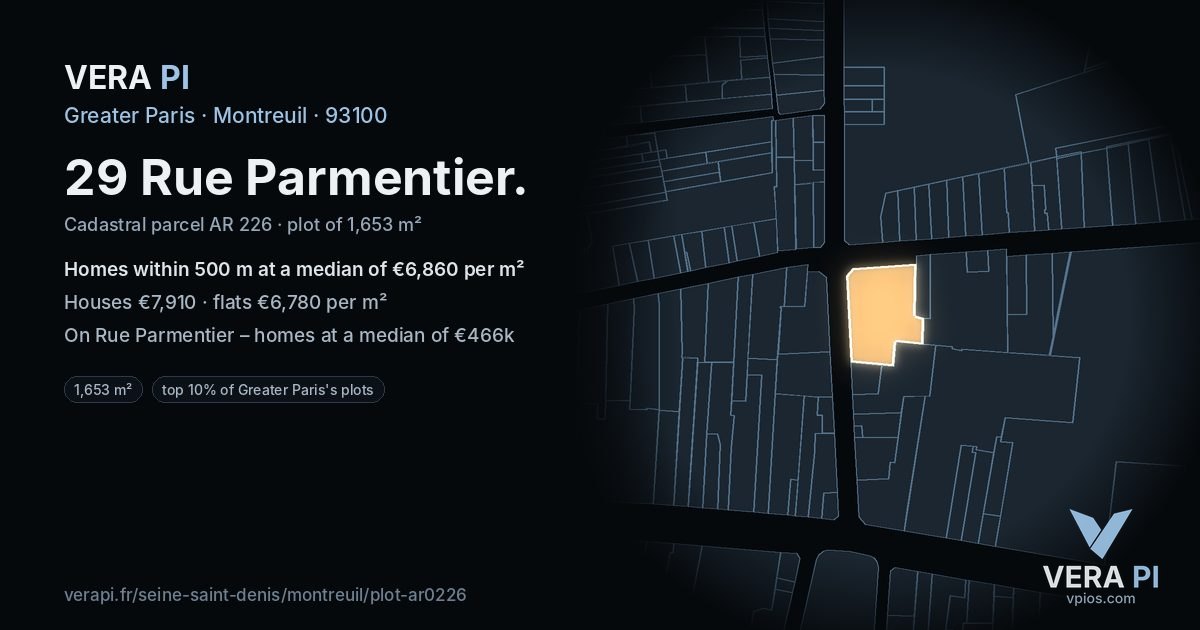 29 Rue Parmentier, Montreuil at night – the plot lit, the parcels around coloured by the prices near them