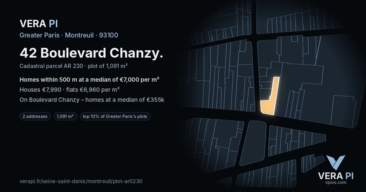 42 Boulevard Chanzy, Montreuil at night – the plot lit, the parcels around coloured by the prices near them