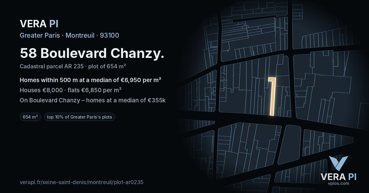 58 Boulevard Chanzy, Montreuil at night – the plot lit, the parcels around coloured by the prices near them