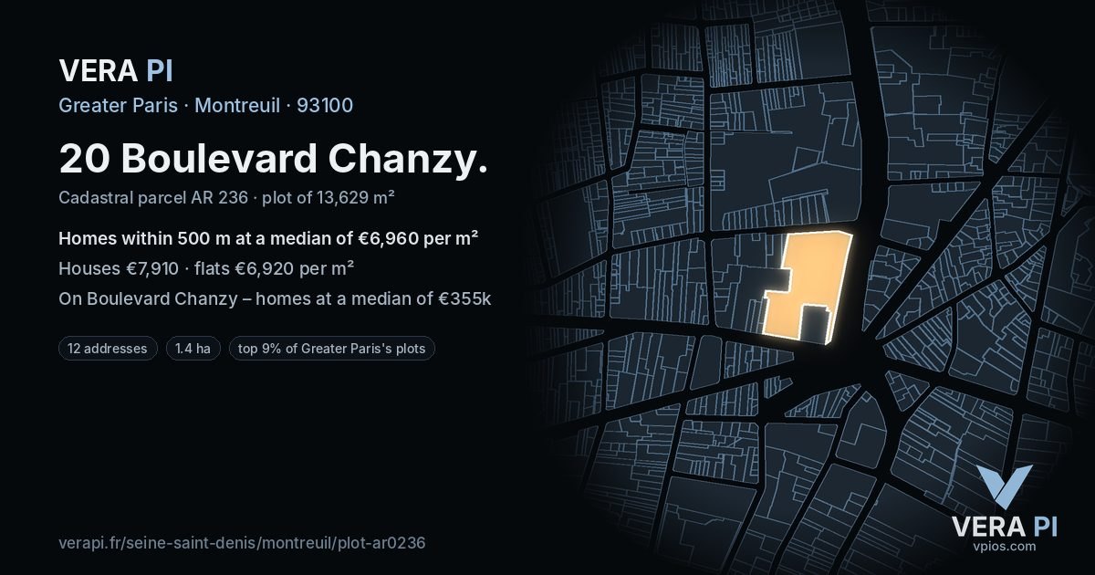 20 Boulevard Chanzy, Montreuil at night – the plot lit, the parcels around coloured by the prices near them
