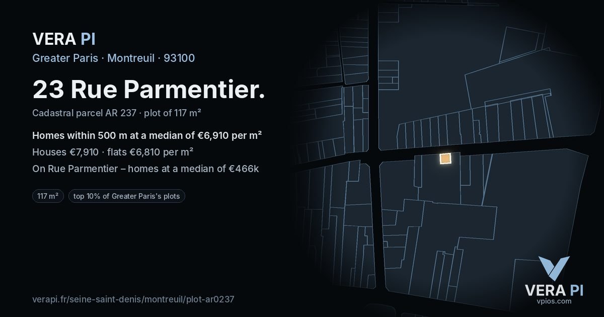 23 Rue Parmentier, Montreuil at night – the plot lit, the parcels around coloured by the prices near them