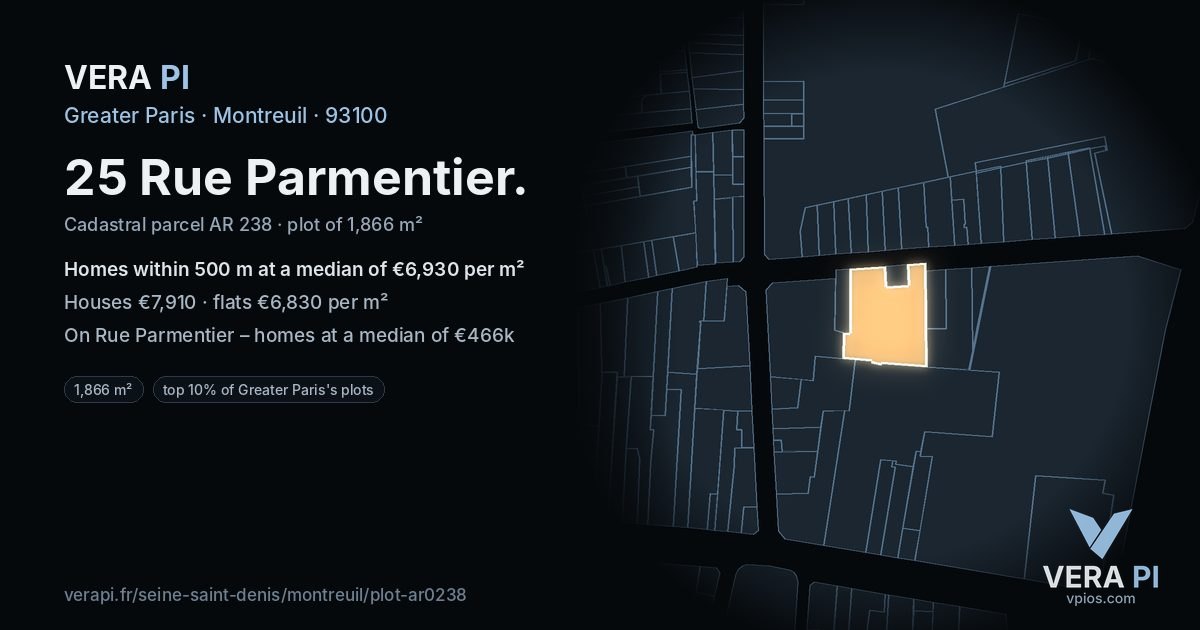 25 Rue Parmentier, Montreuil at night – the plot lit, the parcels around coloured by the prices near them