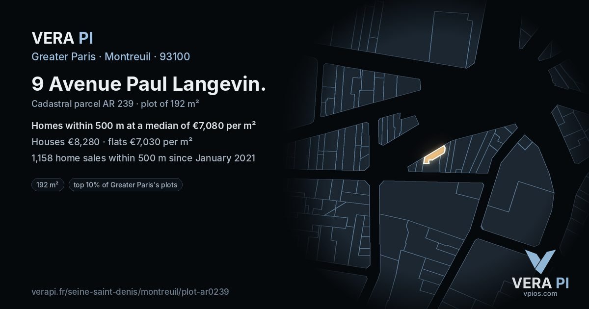 9 Avenue Paul Langevin, Montreuil at night – the plot lit, the parcels around coloured by the prices near them